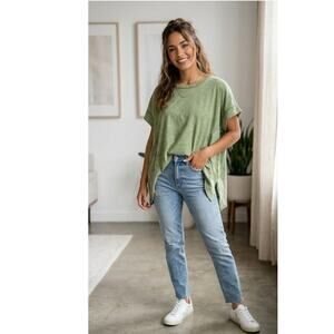 New In Sage Green Acid Wash Sharkbite Handkerchief Hem Festival Oversized Tee S